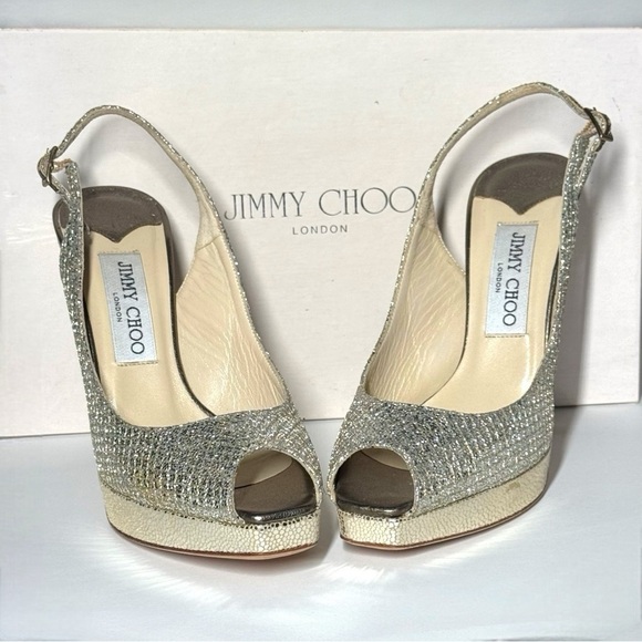 JIMMY CHOO CLUE GLITTER SLINGBACK PLATFORM PEEP TOE HIGH HEEL PUMPS SANDAL 37 - Picture 6 of 16